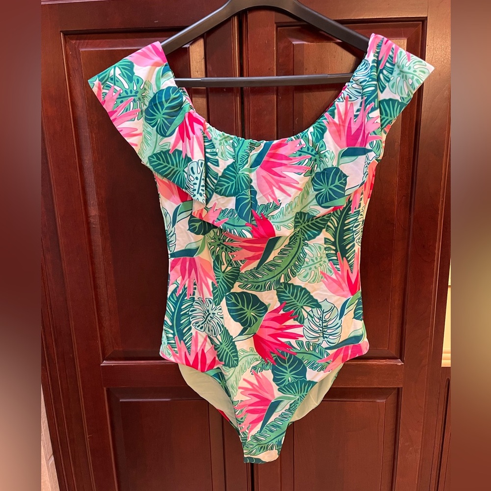 Matilda Jane Pink and Green One Piece Swimsuit Floral Print… new without tags